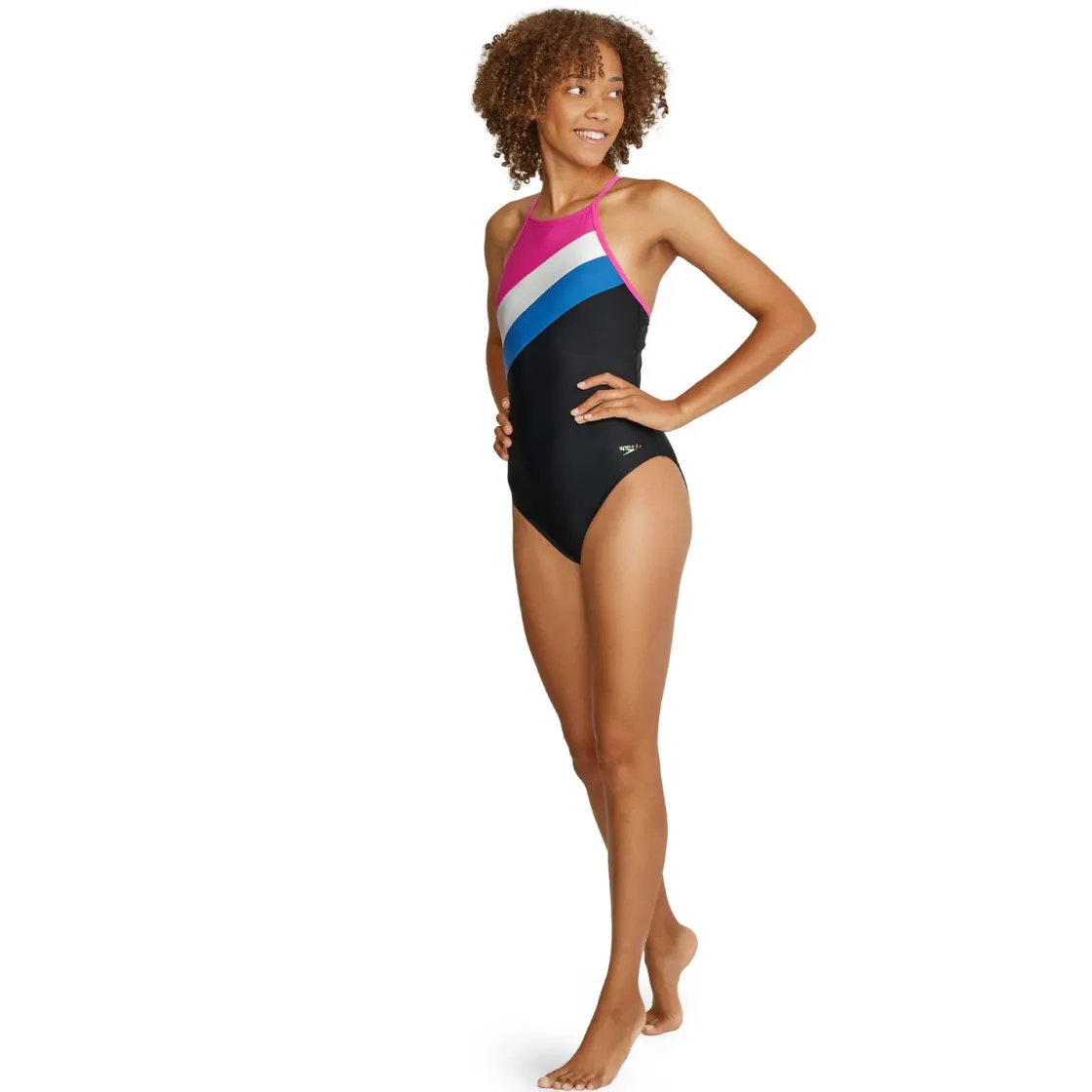 Fitness|One Pieces-Speedo High Neck Colorblock Tie Back One Piece Black