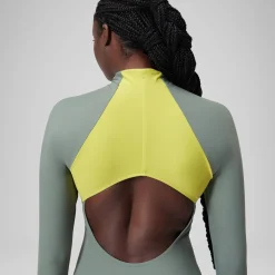 Fitness|One Pieces-Speedo Long Sleeve Colorblock Zip One Piece Soft Olive