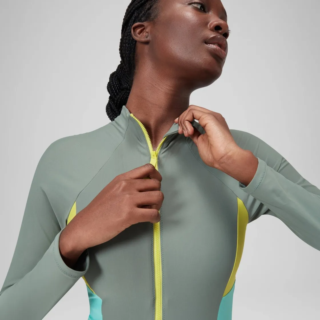 Fitness|One Pieces-Speedo Long Sleeve Colorblock Zip One Piece Soft Olive